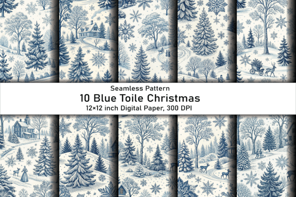Blue Toile Christmas Paper Bundle Patterns