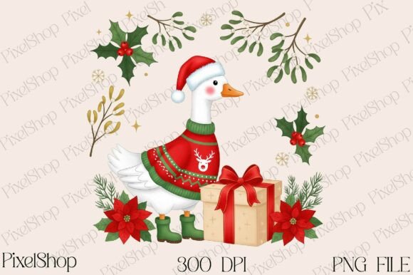 Christmas Silly Goose Floral Boho PNG for T-Shirt Designs